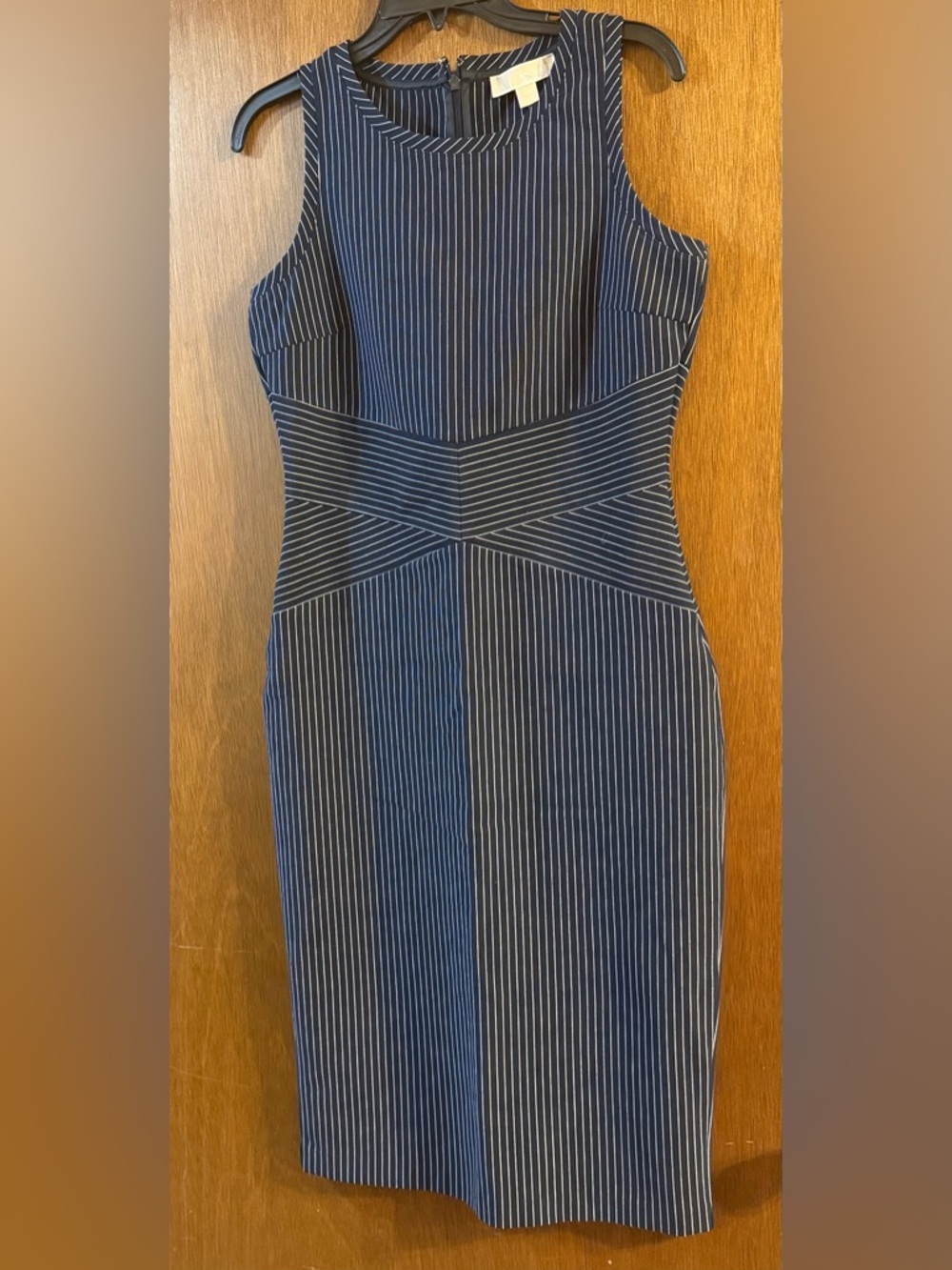 Michael Kors Navy Pinstripe Strapless Sheath Dress
